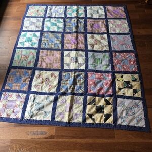 Handmade Patchwork Quilt - Navy Border, Multicolor Squares